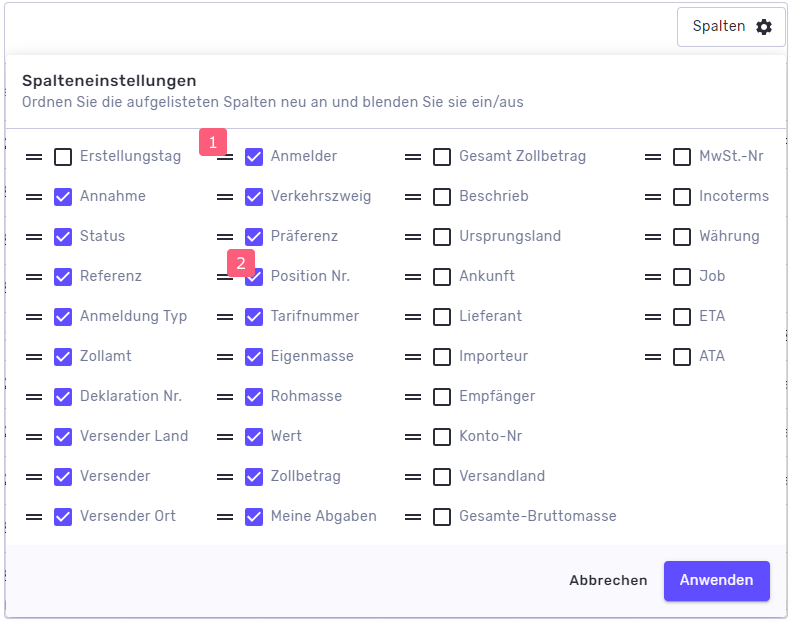 Reporting Ein- und Ausblenden Tabellenfelder